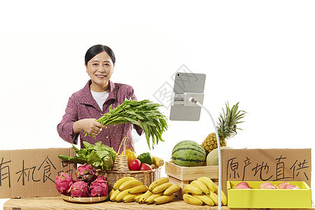 网络直播售卖有机蔬菜的中年女性菜农背景图片