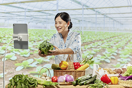 中国农民丰收节中年女农民电商直播售卖西兰花背景