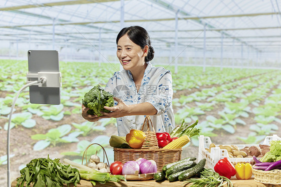 中年女农民电商直播售卖西兰花图片