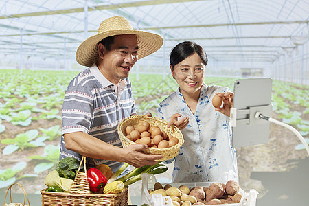 爱心助农农民夫妻网络直播售卖蔬菜鸡蛋背景