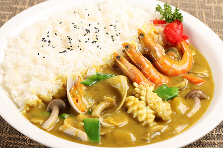 海鲜咖喱饭健康食物鱿鱼卷高清图片