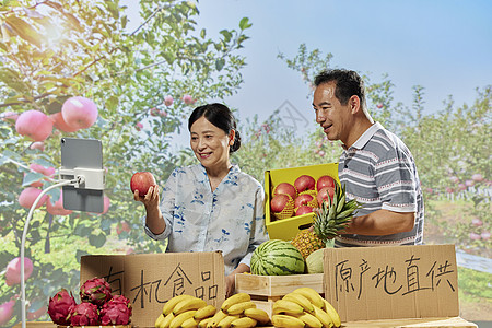 水果电商果农夫妇在网络直播间售卖苹果背景