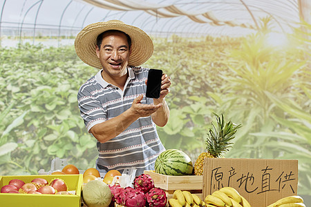 果农水果摊拿着手机展示图片