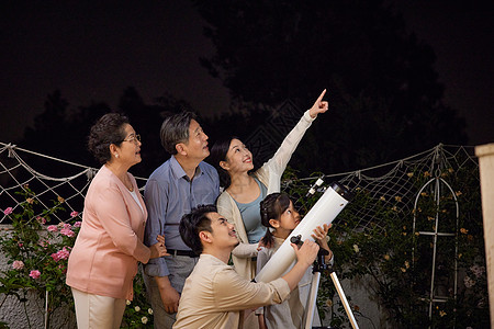 中秋节夜晚用望远镜赏月的一家人图片
