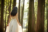 树林里穿白色长裙的女性背影图片
