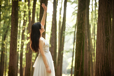 树林里穿白色长裙的美女图片
