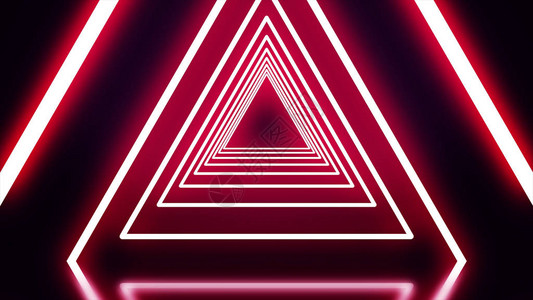 黑色背景上的红色霓虹灯三角形隧道抽象的霓虹三角形一图片
