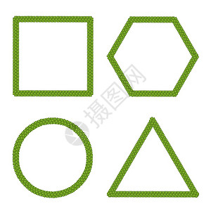 白色背景下鲜绿色四叶草形成方形圆形三角形和六边图片