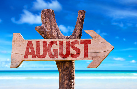 八月木牌与海滩背景图片