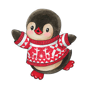 在圣诞毛衣中用有趣的漫画企鹅作冬季插图图片
