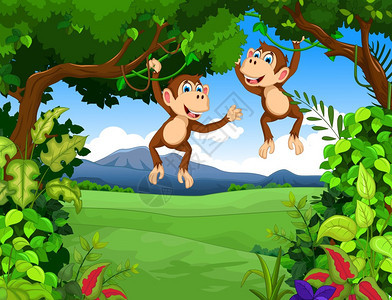 带景观背景的猴子漫画图片