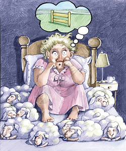 有失眠症的女人床铺满了睡着的绵羊而图片
