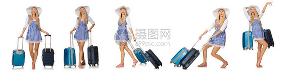 妇女为夏季旅行做好准备在白图片