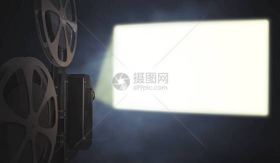 巨型电影放映机正在墙上投射空白屏3D图片
