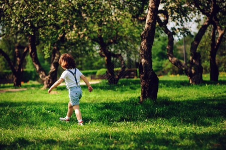 岁蹒跚学步的男孩在春天或夏天独自走在图片