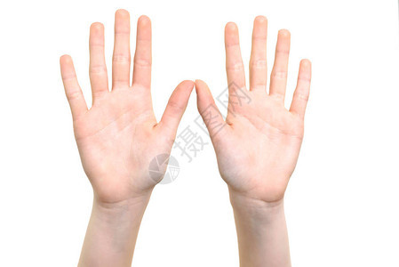 白种人女孩在近距离展示手掌和白种背图片