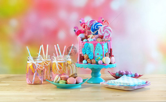 为儿童十几岁生日农年母亲节和情人节庆祝活动而设的糖果园幻想滴油蛋糕在配有粉红色柠檬水泥瓦图片