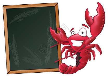 一个快乐的龙虾在黑板旁边图片