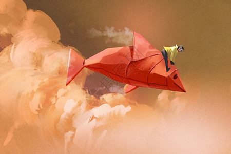 骑在折纸上的女孩在云中的红鱼插画图片