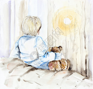 一个小男孩的夜晚太阳的故事平方抽象的手工图片