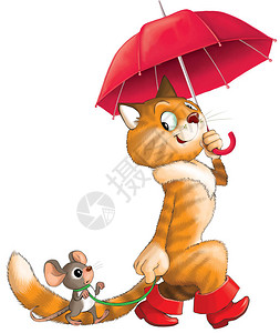 引人入胜的漫画红猫穿着靴子在雨伞图片