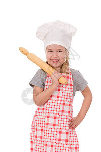 女厨师与滚筒隔离在白色背景图片