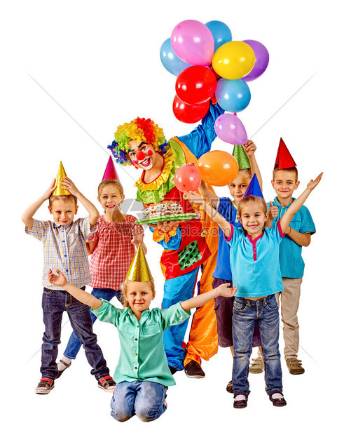 小丑在生日时带着蛋糕和气球图片
