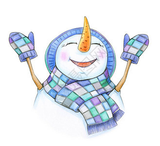 雪人欢乐的卡通画在多彩的围巾和帽子图片