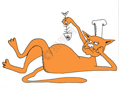 红猫主厨手握着鱼骨架手用墨水画草图片