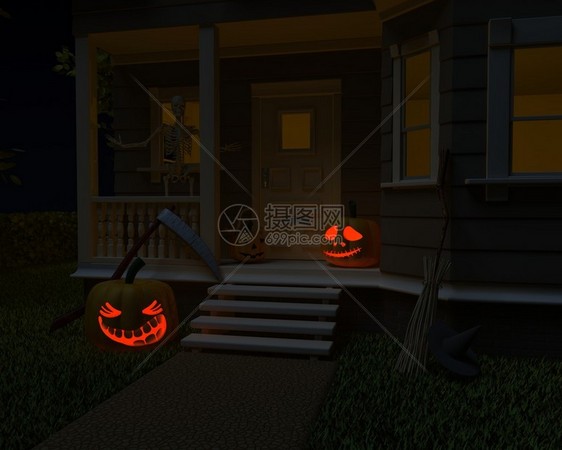 万圣节南瓜灯在家门口的3D渲染图片