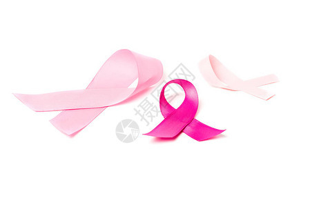 在白色上隔离的粉红色乳腺癌意识丝带的特写视图图片