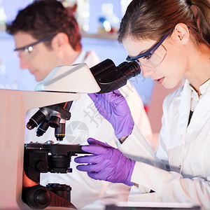 有吸引力的年轻研究员在生命科学实验室里观察显微镜图片