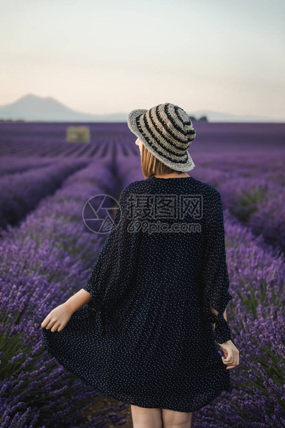 年轻女子在花开的熏衣草花鲜花法图片