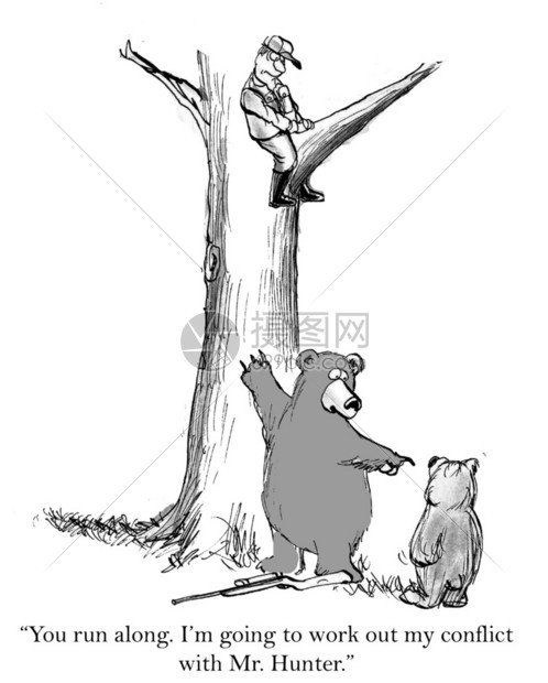 卡通插图Bear想与Hunter交互你跟着跑我要解决我与亨图片