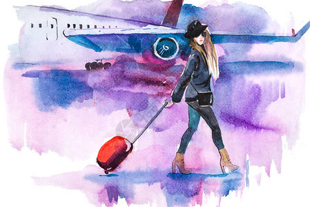 女旅行者带着行李去飞机在机场走进飞机的女图片