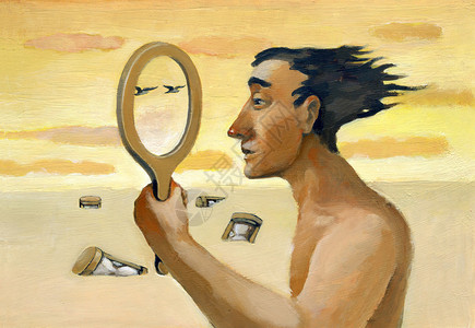 一个男人透过空镜子看着周围的背景图片