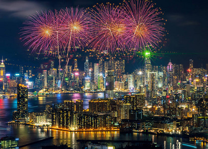 香港市景烟花节香港维多利亚港的顶端观光新年快乐2图片