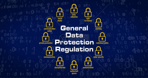 数据保护总条例挂锁段落符号和蓝数字背景的网络安全关键词图片
