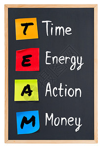 黑板上的团队首字母缩写词时间精力行动金钱图片