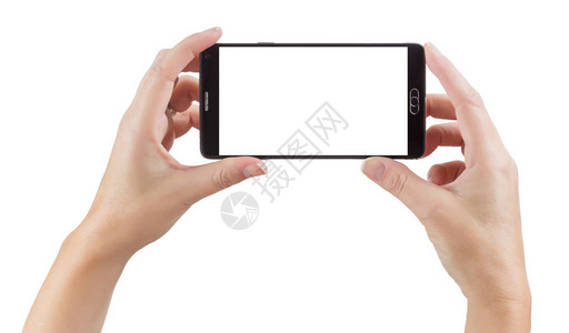 女手握智能电话与空白屏幕隔离在白色背景背景图片