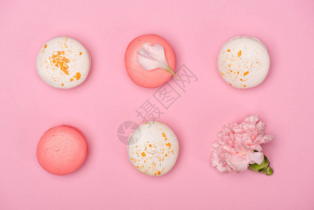 粉红表面新鲜的玉子和康乃馨花的顶端视图甜玉图片