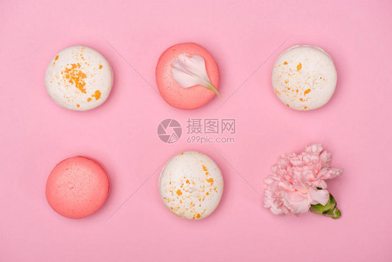 粉红表面新鲜的玉子和康乃馨花的顶端视图甜玉图片