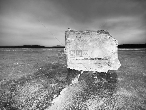 在黑暗的自然背景上的一块碎冰铺设在深色浮冰上的黑白图片