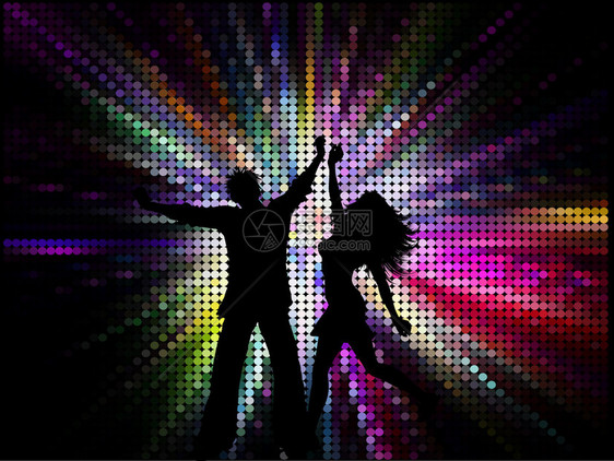 一对夫妇在光谱彩色背景上跳舞的剪影图片