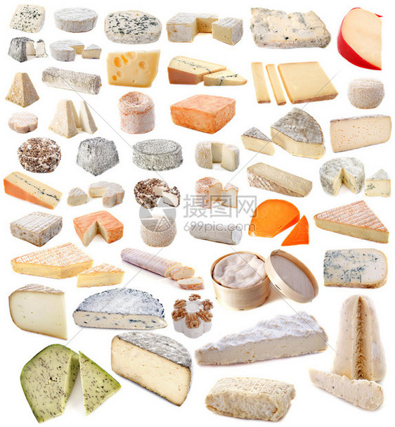 白色背景前各种奶酪构成的分Name图片