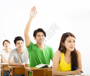 大学生在课堂上举手提问背景图片
