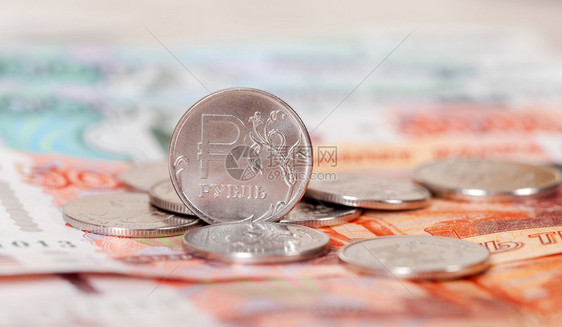 俄罗斯货币卢布纸币和硬币关闭图片