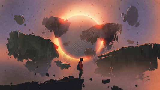 站在悬崖边缘的男孩看着日食和漂浮在天空中的岩石数字艺术风格图片