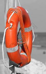 带绳子的橙色夹克夏天在海图片