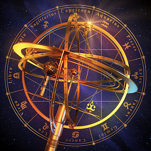 蓝色背景上带有Zodiac符号的圆形环球图片